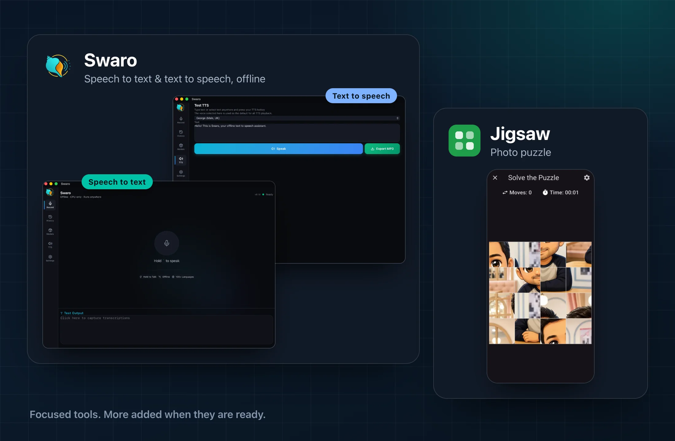 Nousvara product family — Swaro's speech-to-text and text to speech screens, and the Jigsaw photo puzzle on a phone