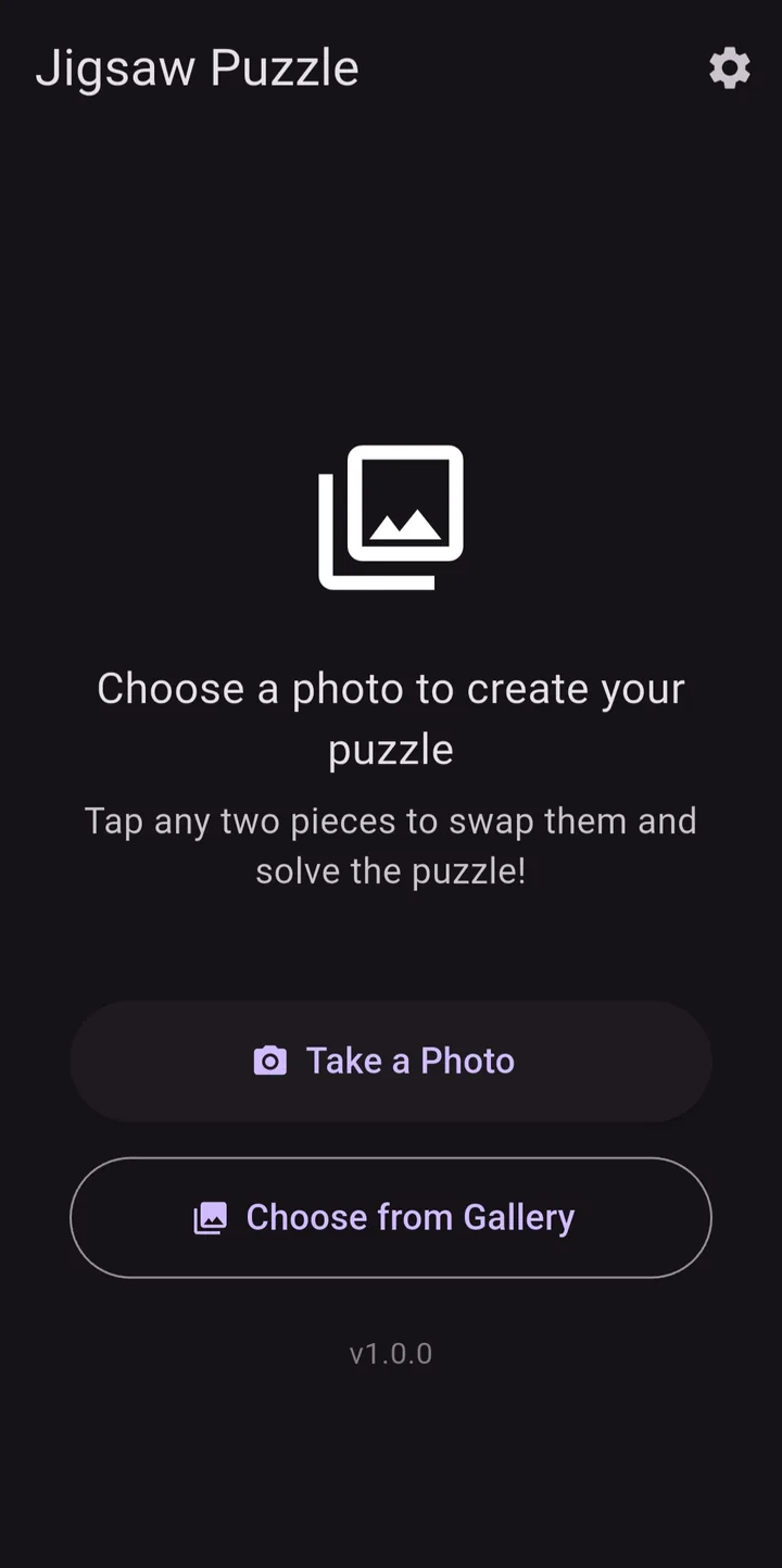 Jigsaw's home screen with Take a Photo and Choose from Gallery buttons