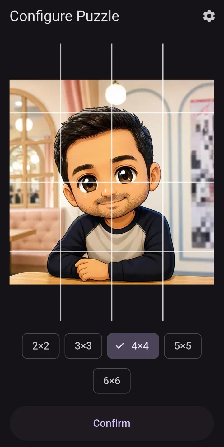 Configure Puzzle screen: the photo with a grid overlay and size buttons from 2 by 2 to 6 by 6