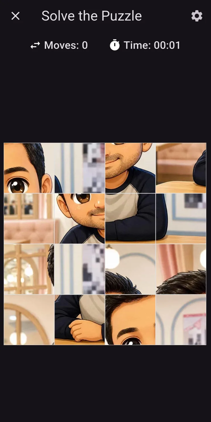 Jigsaw's puzzle board: a photo cut into a shuffled 4 by 4 grid, with a move counter and timer