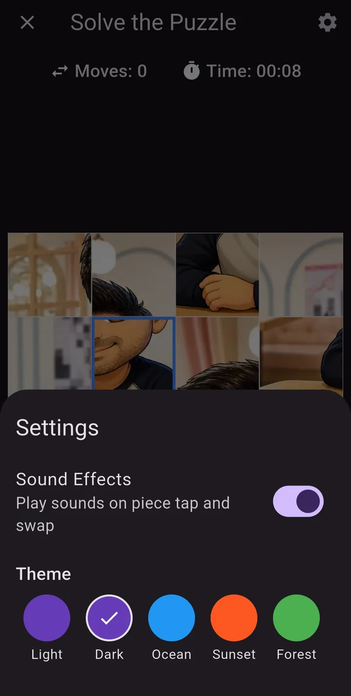 Settings sheet: a sound effects switch and five colour themes