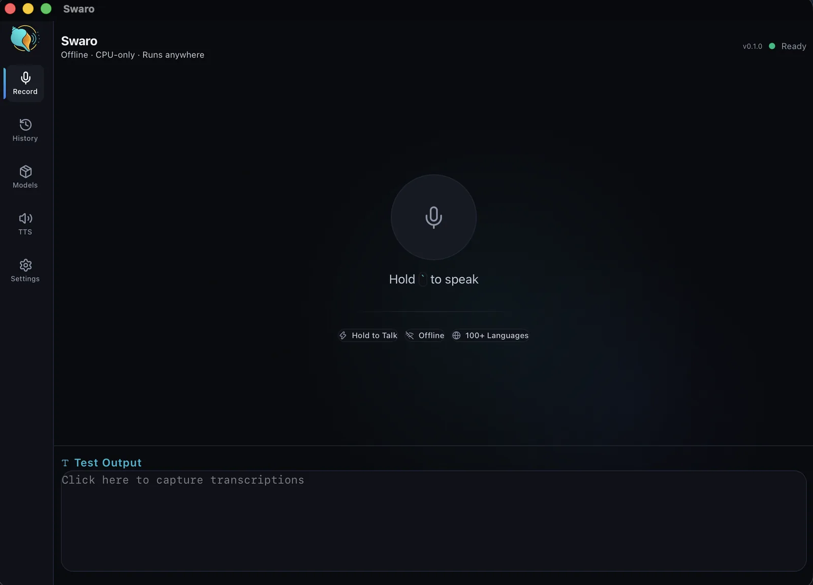 Swaro's Record screen with the hold-to-speak prompt