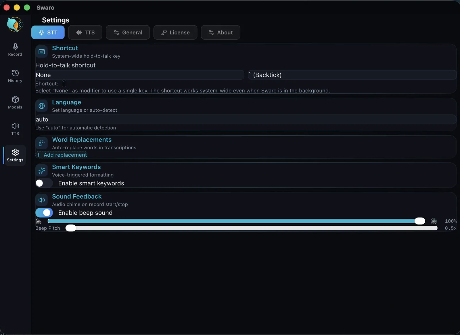 Swaro's dictation settings — shortcut, language and word replacements
