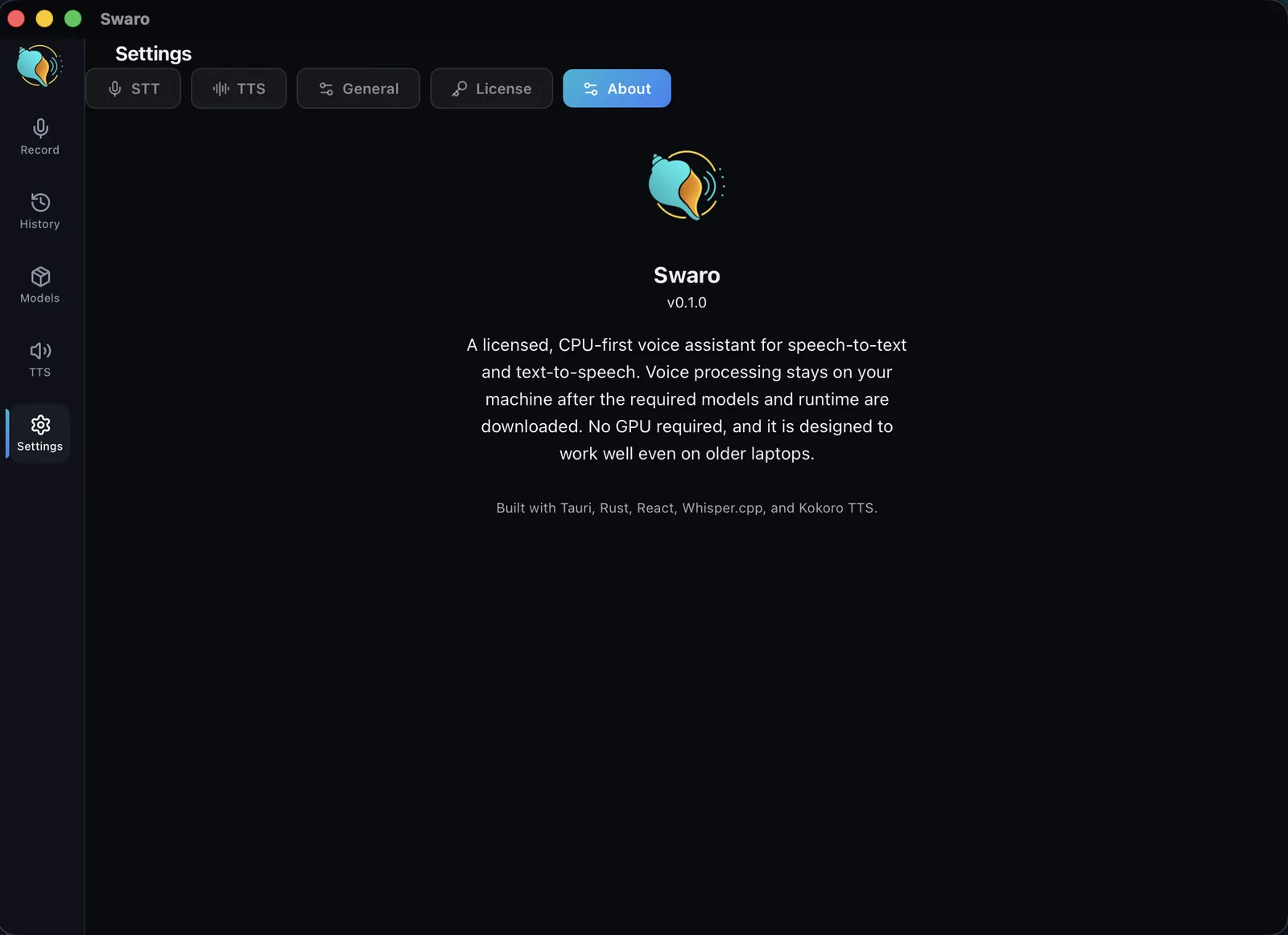 Swaro's read-aloud settings — hotkey, voice, speed and pitch