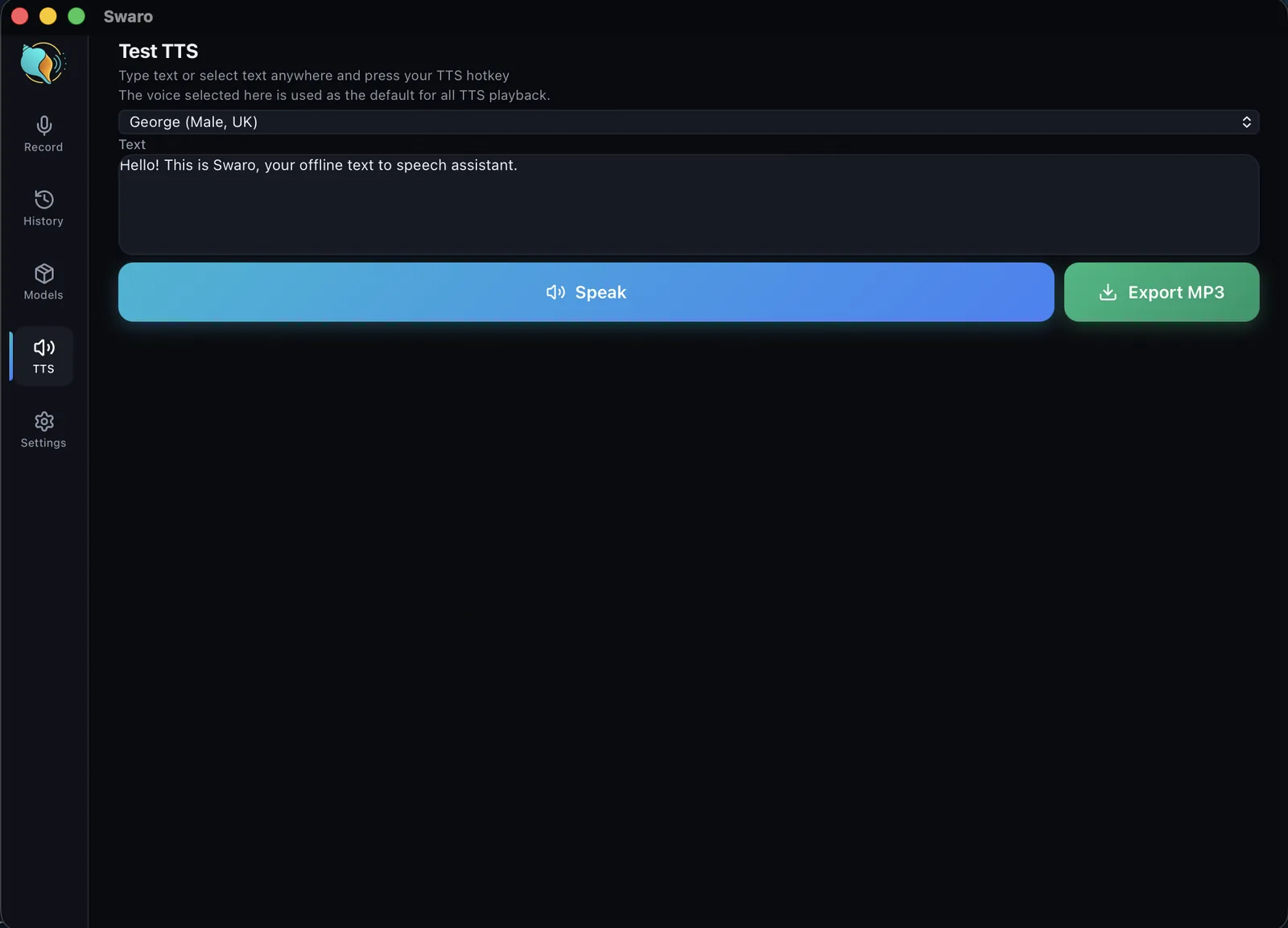 Swaro's Test TTS screen with a voice picker, Speak and Export MP3 buttons